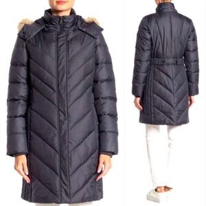 Larry Levine Charcoal Gray Puffer Coat Full Zip Long Down Jacket Fur Hood Wmn M